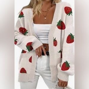 Cream Strawberry Print Open-Front Women’s Cardigan Sweater